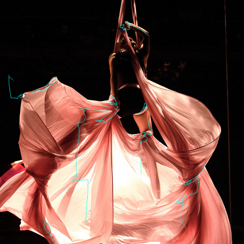 An aerialist hangs draped in pink fabric