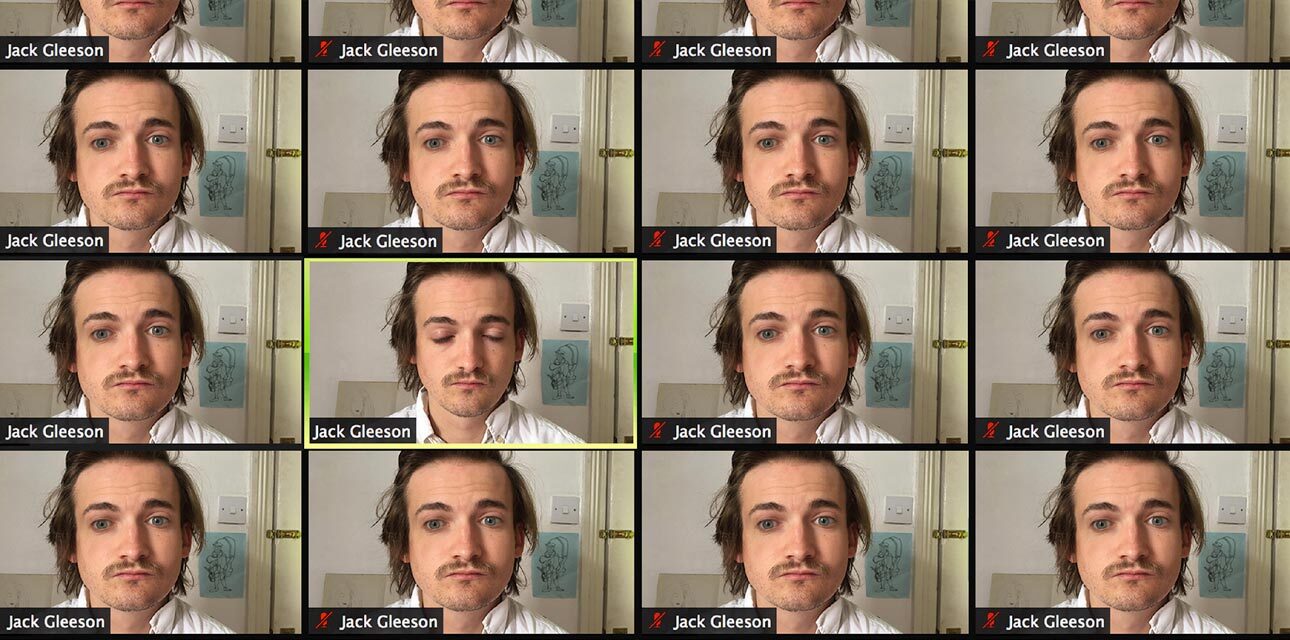 A computer screen filled with tiles of Jack Gleeson's Zoom video on mute