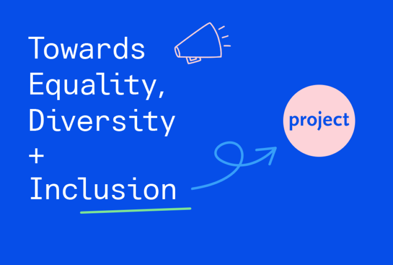 An image with a blue background. In the foreground the words 'Towards, Equality, Diversity + Inclusion' are positioned on the left hand side. There is a blue arrow pointing from the word 'Inclusion' to the Project Arts Centre logo on the right hand side. There is a megaphone symbol at the top of the image.