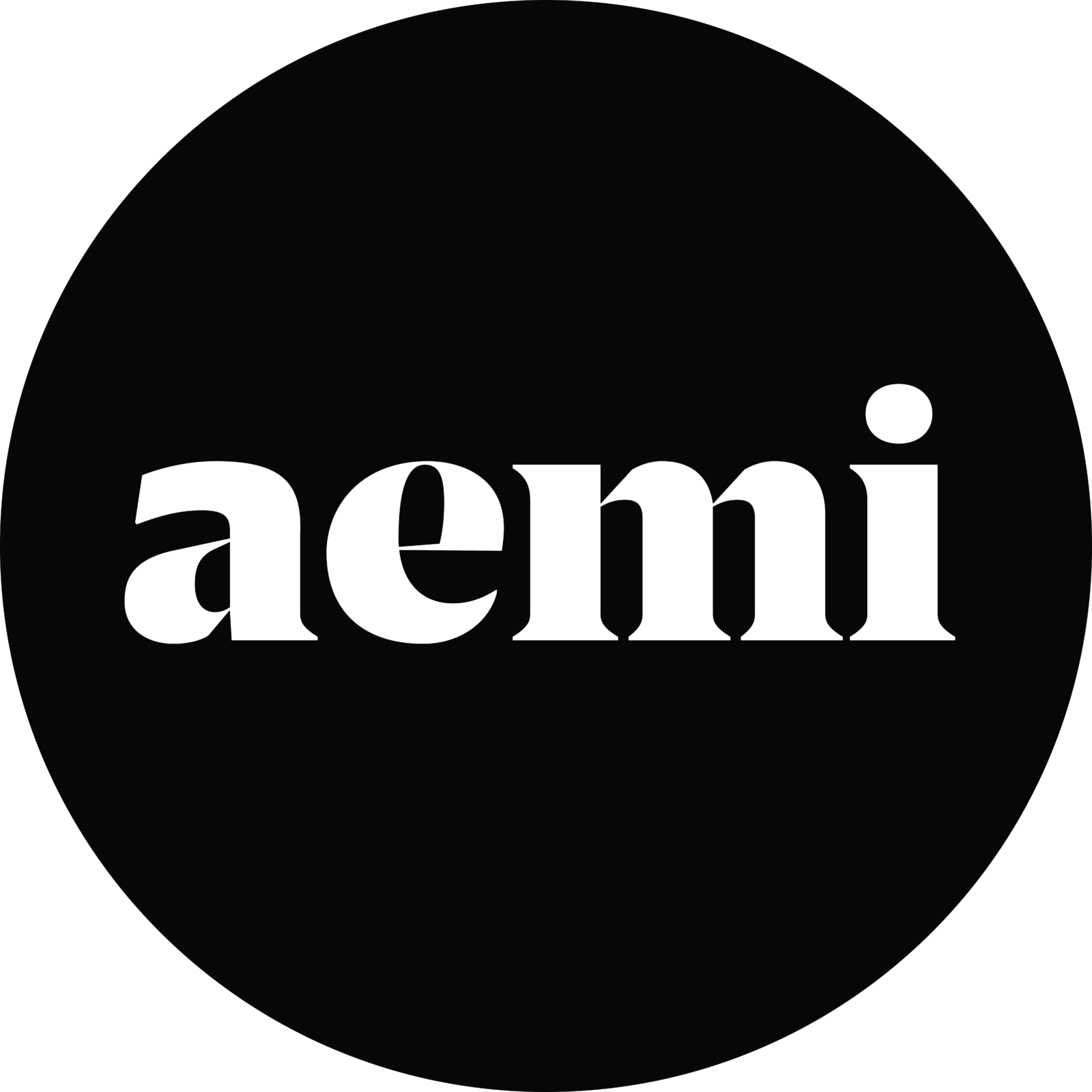 Logo for AEMI. This is a black circle with white text in the centre which reads AEMI.