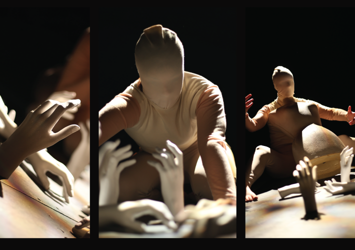 Three images are combined to make one main image for the show Hear My Hands. The first is a close up shot of two white mannequin hands laying on a floor, the second is of a dancer in a cream body suit with full mask face covering also in the colour cream kneeling on their hands and knees and looking down at a number of mannequin hands on the floor, the third image is of the same dancer sitting down with feet akimbo and arms spread with mannequin hands laid out in front of them.