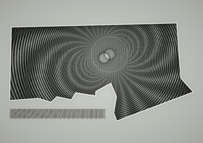 A digital image in greyscale includes a shape with one square corner and an irregular border on the other sides. It contains a pattern of mathematical overlapping and criss-crossing circles with two clear intersecting circles in the middle like a Venn diagram. The bottom left corner of the image holds a grey grid pattern.