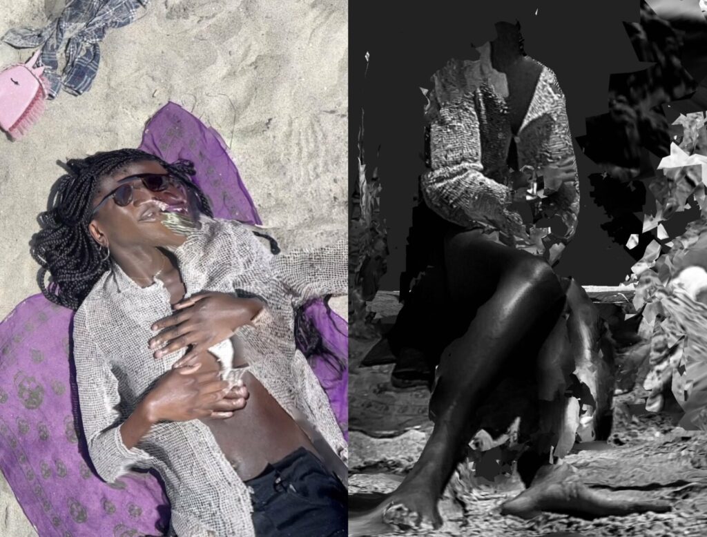 A diptych of images, one in colour, one in black and white, broken up by digital glitch. On the left, a person with dark skin and braided black hair is seen from above, lying on a purple cloth on the sand of a beach. Their light, patterned shirt is open and their hands rest on their partially exposed torso. On the right a fragmented figure sits in a fragmented digital landscape. Their legs and feet are in the foreground of the image and their face is not visible.