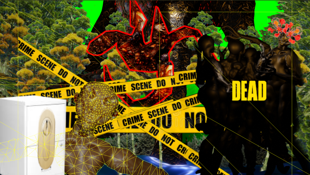 A layered digital image includes distorted figures in the foreground and background, trees, crime scene tape, and a filing cabinet will oversized lock.