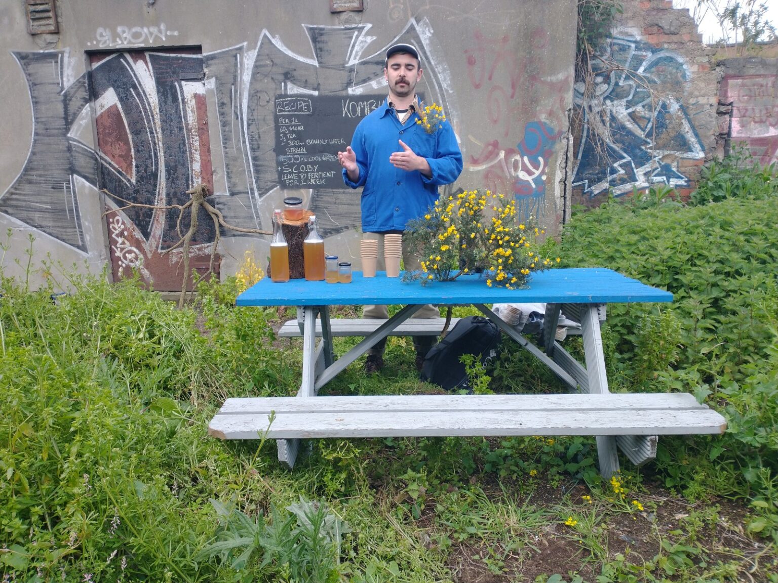 A person stands behind a picnic bench in NCAD's FIELD. The person wears a baseball cap and a blue jacket. They are gesturing as if they are talking to a group. There are bottles of an orange coloured drink and paper cups on the table in front of the, along with branches of a gorse bush. There is a wall behind them, with a recipe for kombucha written in chalk on a black, painted square.