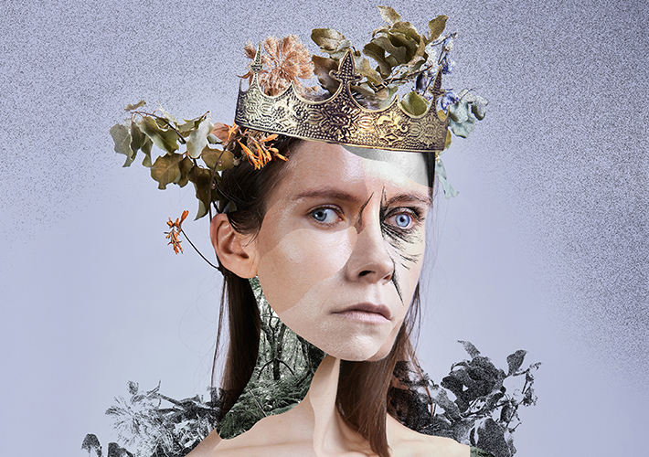 An image of a person comprised of mix match images of different faces, flowers and plants. They wear a crown.