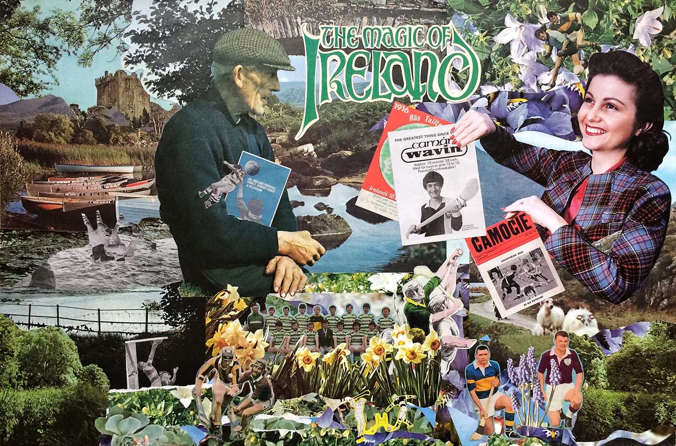 Collage artwork with text saying ‘The Magic of Ireland’ to the centre-right. The backdrop is a collage of flowers, trees, lakes and mountains. To the left of the collage, there are docked boats, beside a black and white image of boys with their heads in the water and only their legs visible. At the forefront of the image is a collage of yellow daffodils, a cut out of two male hurling players mid-action, a male football team posing for a picture and another cut out of two men posing with their hurling sticks. An elderly man is sitting, his side profile visible, wearing a hat, navy sweater and has a radio and television guide for the All Ireland Football Finals resting in his crossed arms. The centre of the image is an elderly man with a football.