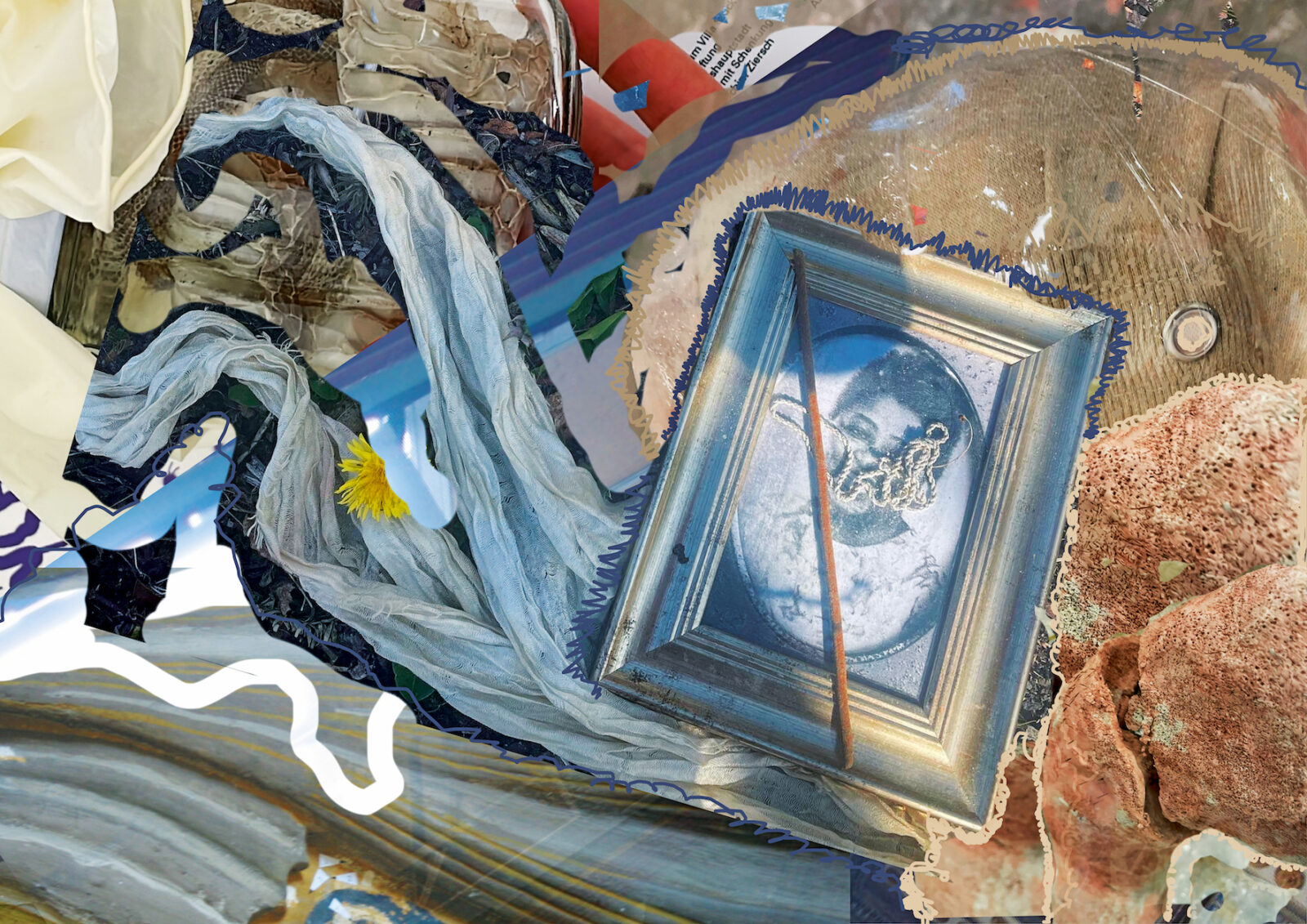 A collage image predominantly in shades of blue, beige and white. Photographed objects include a framed black and white portrait of a woman in a light dress with dark skin; string and a stick (possibly of incense) are placed over the glass of the frame and partially obscure her face. Other elements include crumpled fabric, dandelion, pockmarked clay, and digital drawings layered over the photographic images.