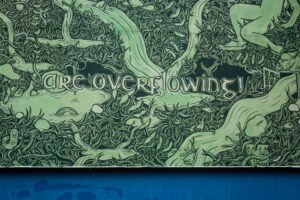 A close-up of an artwork detail on the Project billboard. Text reads "are overflowing! (Hooray)" against a green and black drawing of water overflowing, dense foliage and fish. On the bottom right, you can see the crest of Dublin nestled in the leaves.