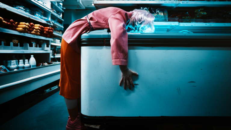 Carrie is bent over the top of a freezer in a supermarket. Her feet are on the floor and her upper body is lying over the freezer. She is wearing a pink wig, a pink jacket with a belt, orange trousers, and orange and pink sneakers. Her face is lit with a blue light from the freezer but is mostly obscured by the wig. There are supermarket shelves in the background stocked with goods.