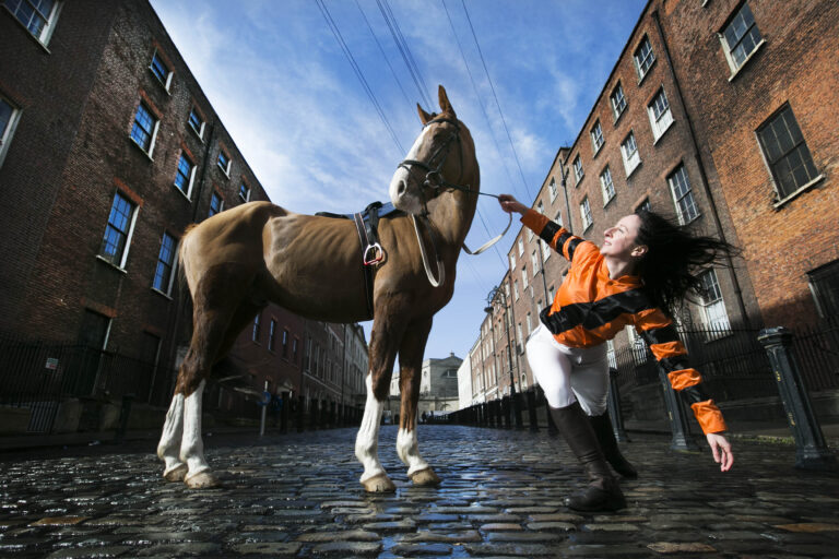 Pictured at the launch of Dublin Dance Festival 2015 are dancer Emma O' Kane and George the horse in Dublin`s Henrietta Street. Photo: Leon Farrell/Photocall Ireland.