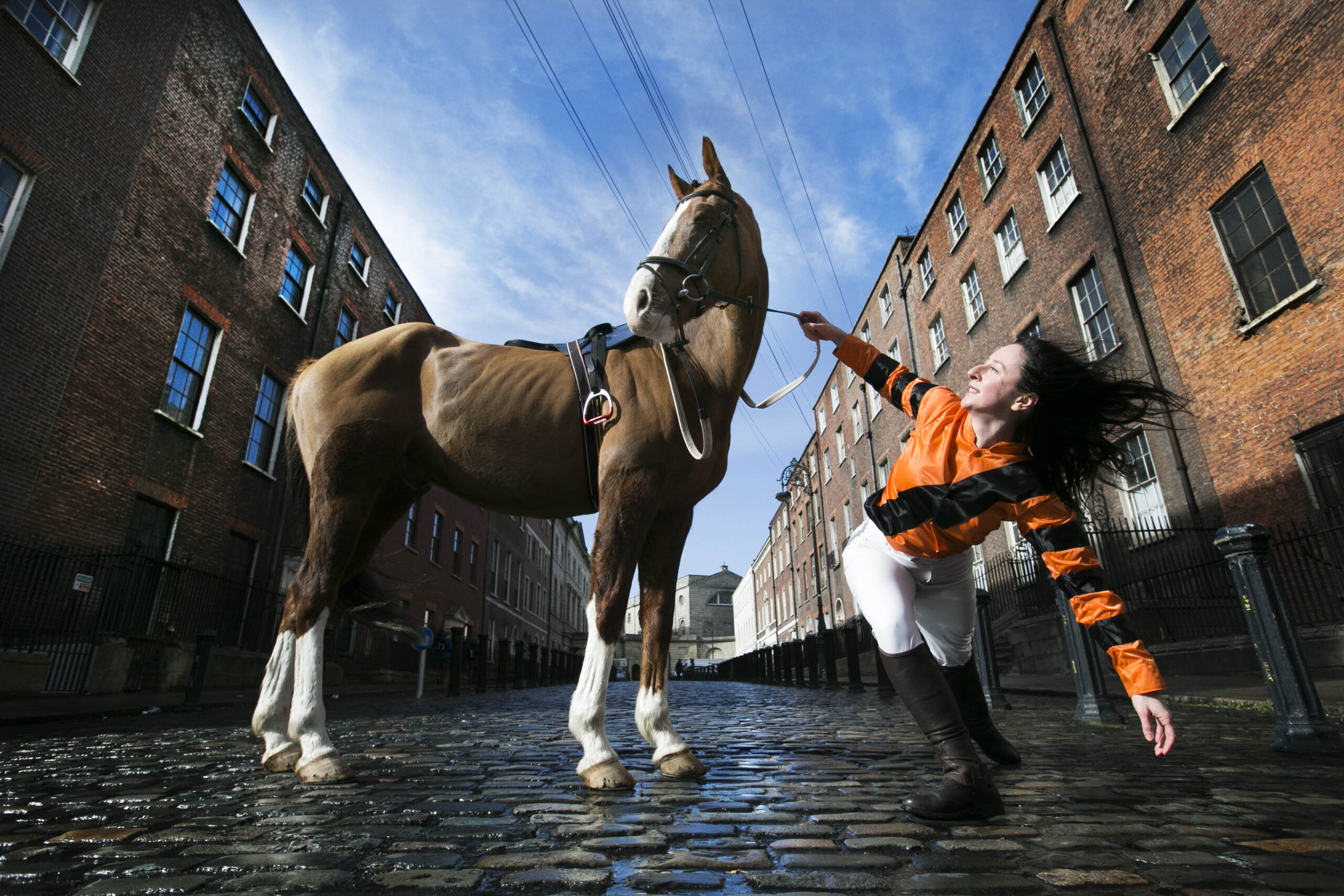 Pictured at the launch of Dublin Dance Festival 2015 are dancer Emma O' Kane and George the horse in Dublin`s Henrietta Street. Photo: Leon Farrell/Photocall Ireland.