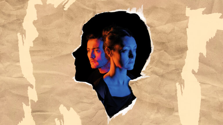 The image depicts actors Naoise Dunbar and Rachel O’Byrne looking in different directions. Their heads and torsos are shown, and sit in the dark silhouette of a boy’s head. They are both wearing dark clothing.